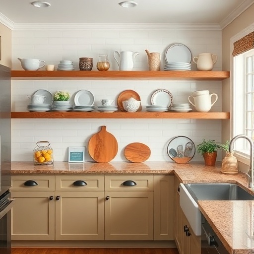 open shelving in a kitchen