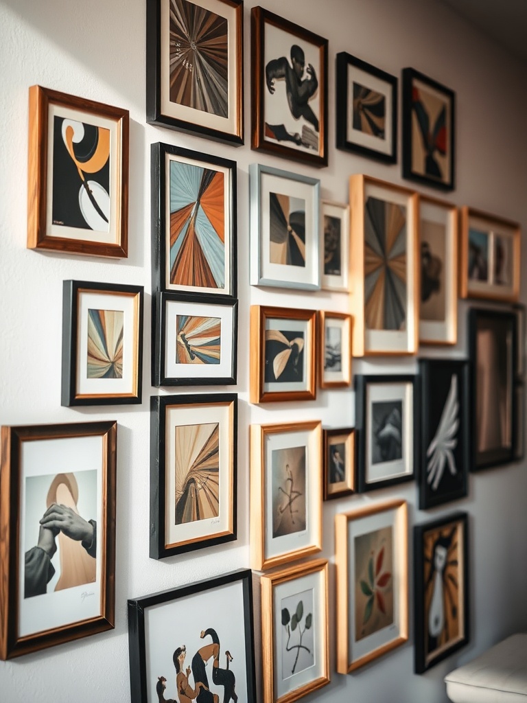 gallery wall with diverse art frames