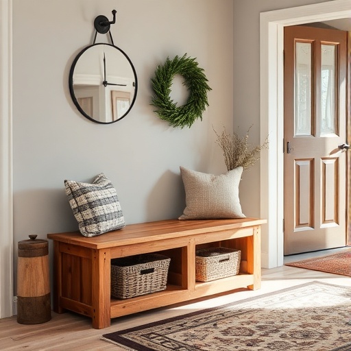 rustic wooden bench with storage
