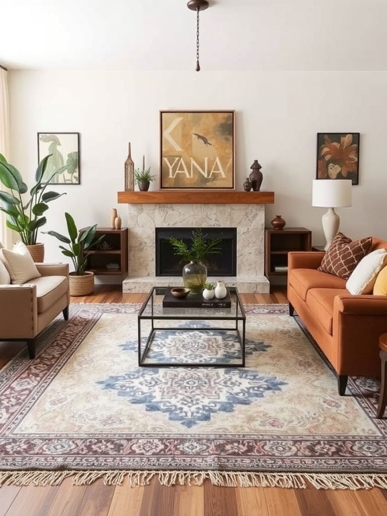 living room with layered rugs