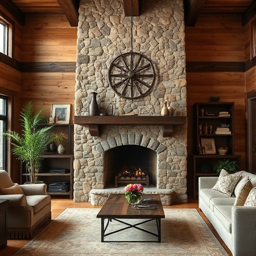 stone fireplace in rustic decor