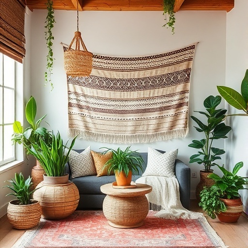 bohemian decor with textiles and plants