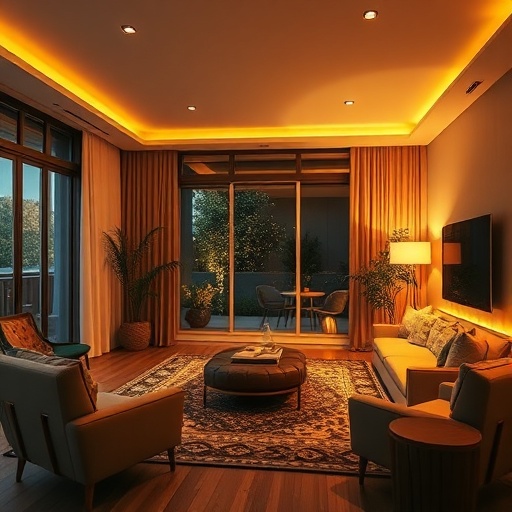 living room with warm ambient lighting