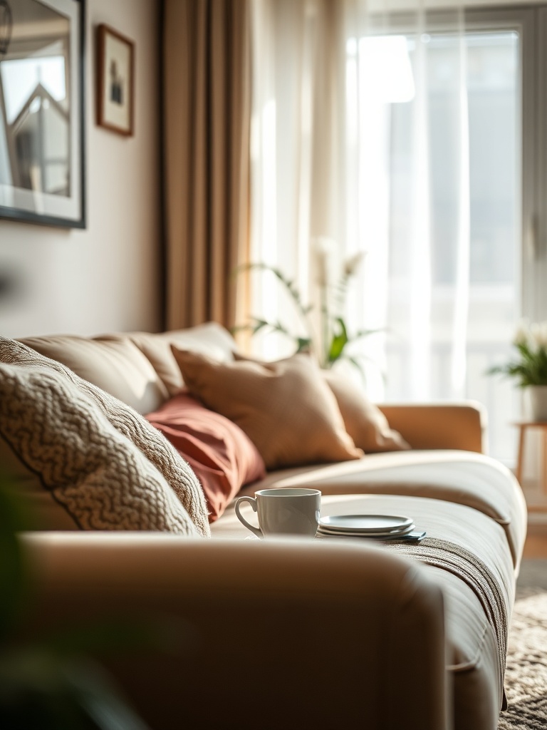 cozy living room with cushions and coffee table