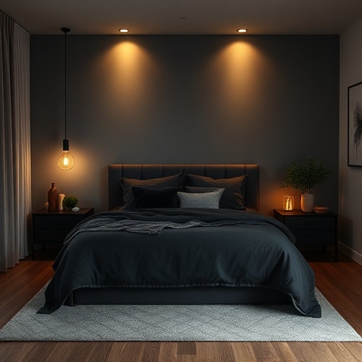 restful bedroom with dark decor