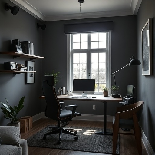 home office with dark decor