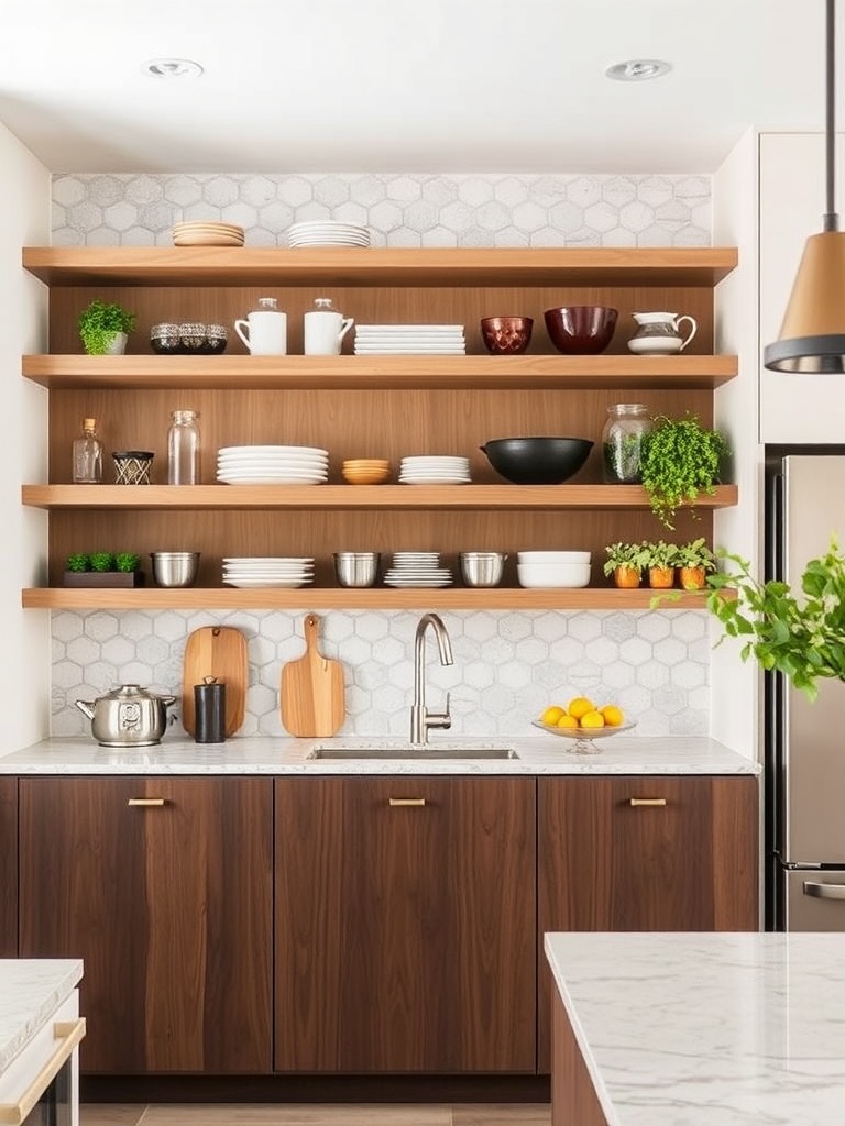 open shelving with dishware in kitchen