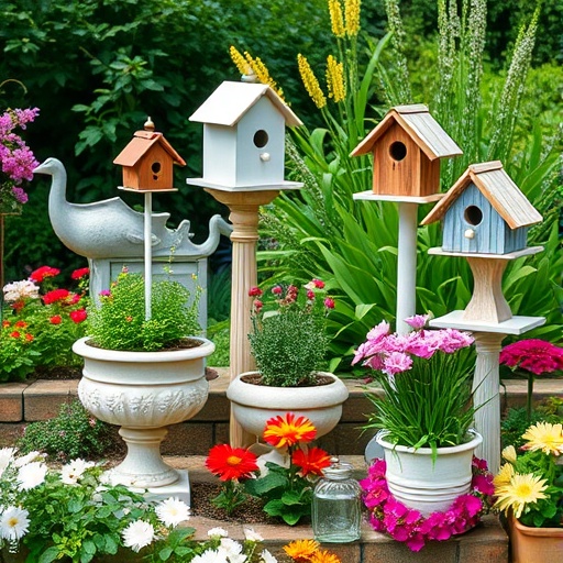 vintage garden decor with birdhouses