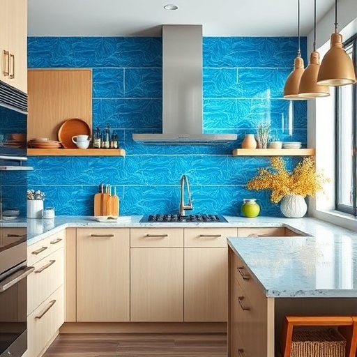 kitchen with a bright blue backsplash