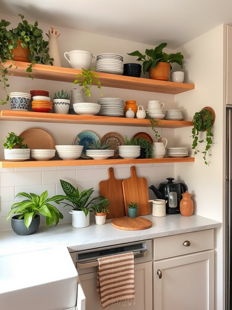 kitchen with open shelving and decorative items