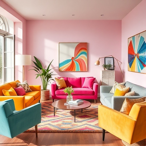 bright living room with colorful furniture
