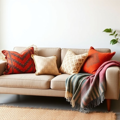 sofa with colorful throw pillows