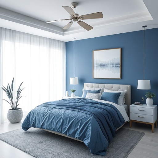 serene blue bedroom with monochromatic decor