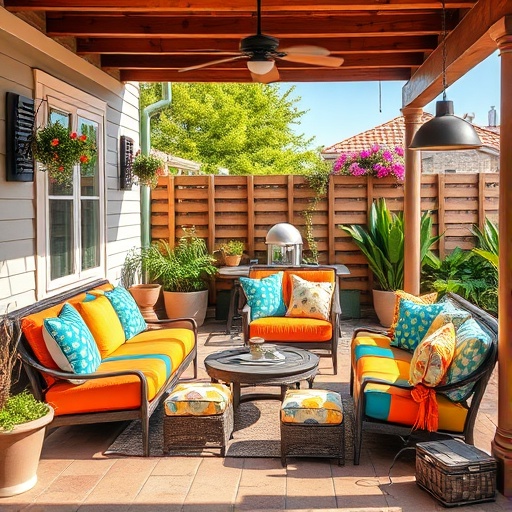 outdoor patio with colorful furniture