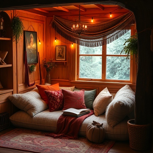 Cozy reading nook in bohemian decor