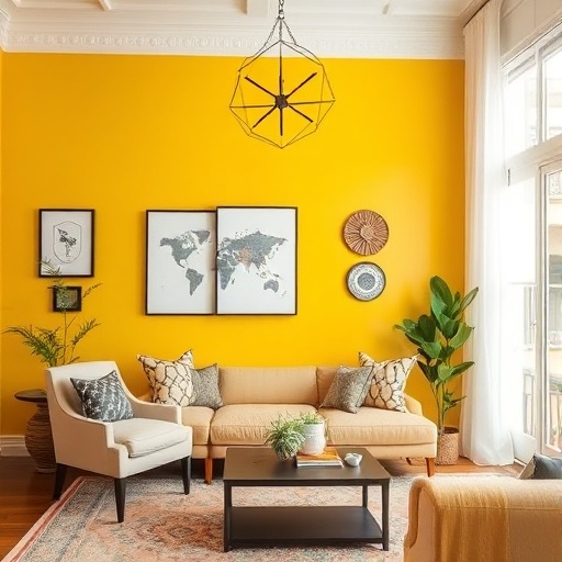 bold yellow accent wall in a living space