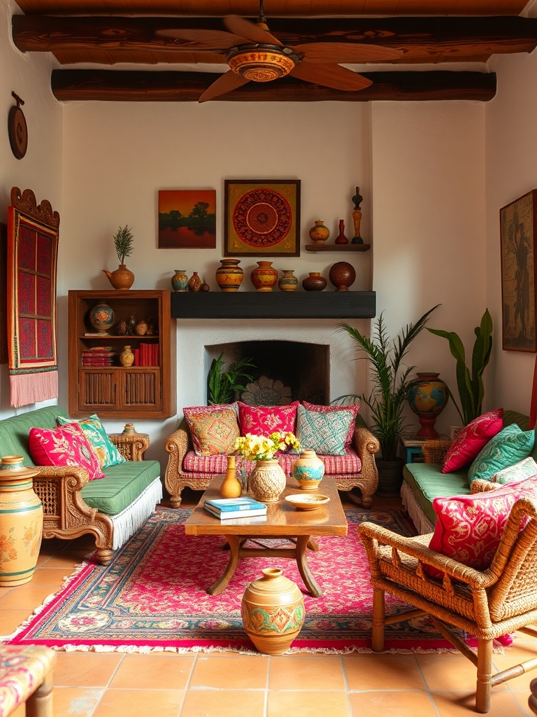 cozy living room with vibrant Mexican decor