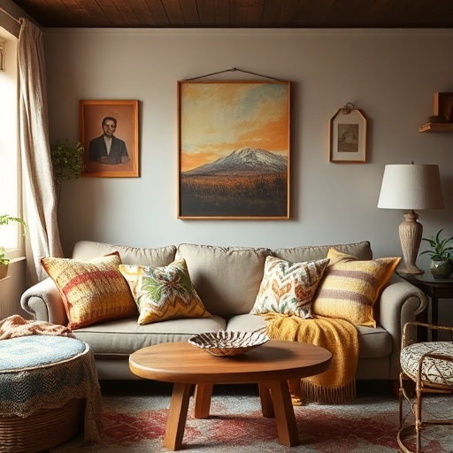 living room with colorful thrifted textiles