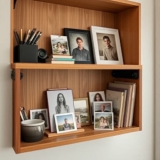 shelf with personal items and photos