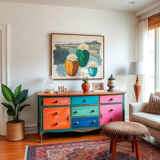 upcycled furniture with vibrant colors