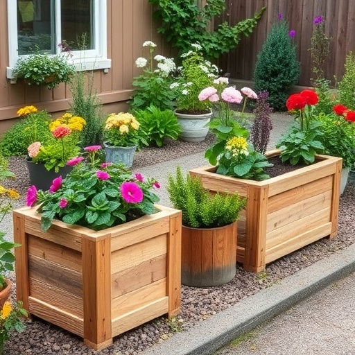 garden with wooden planters