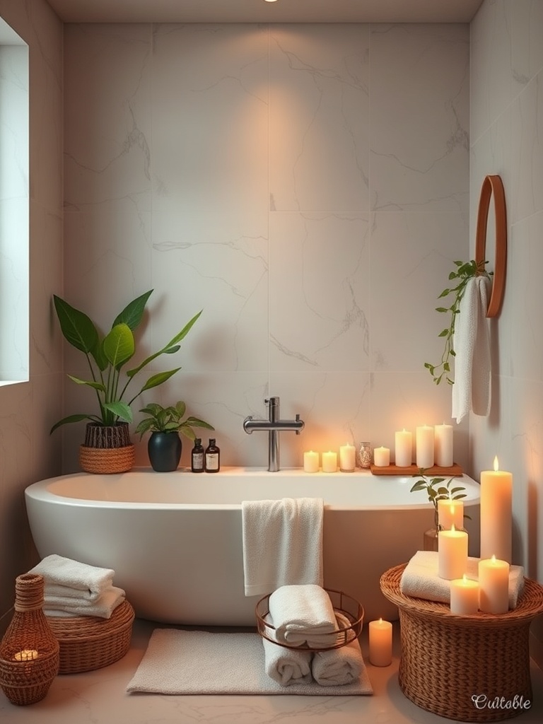 relaxing bathroom with candles and plants