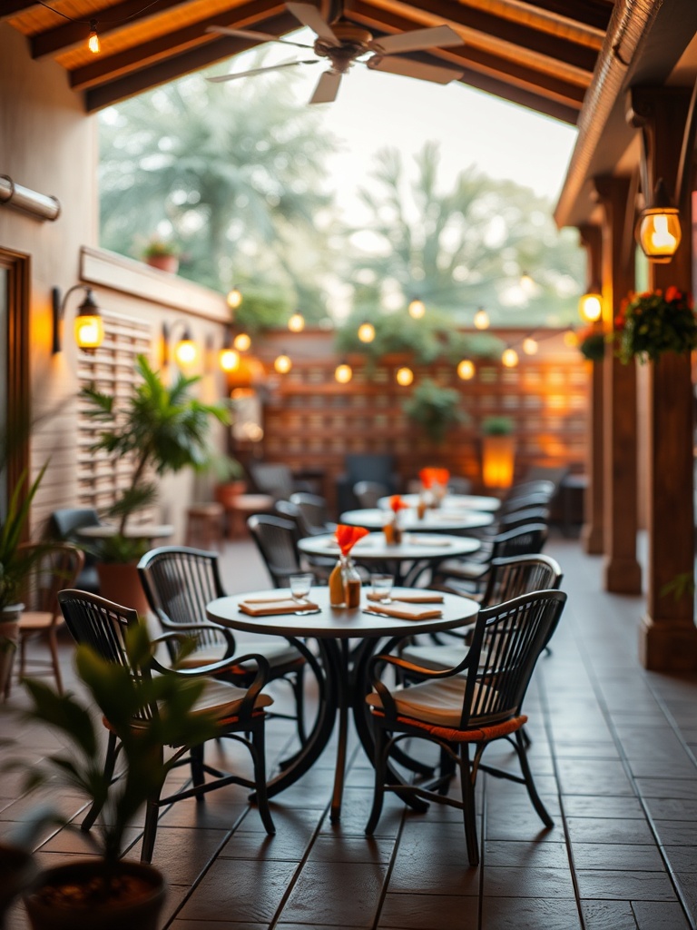 inviting outdoor patio with warm lighting