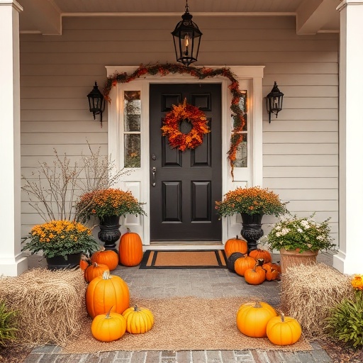 Halloween entryway with pumpkins and hay bales