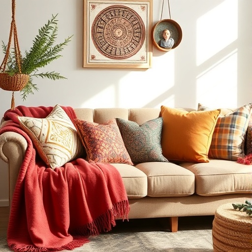 sofa with cushions and throws