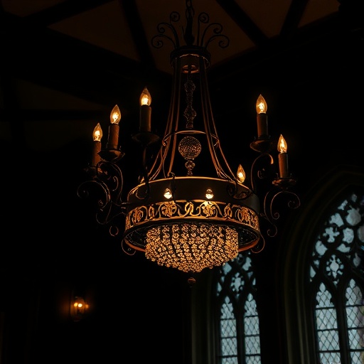 Wrought iron chandelier in a Gothic setting