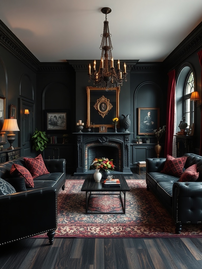 Gothic style living room with dark furniture