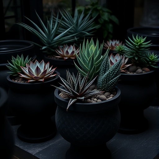 succulents in dark planters