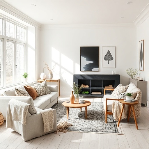 Scandinavian living room with cozy textiles