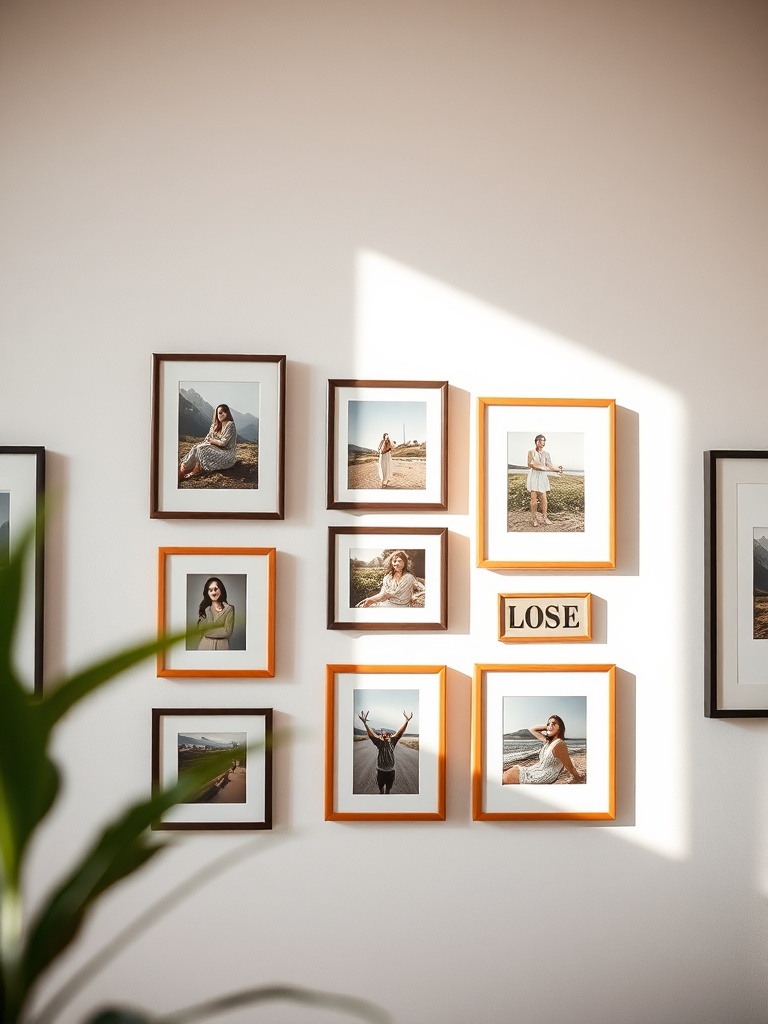 gallery wall with framed art and photos