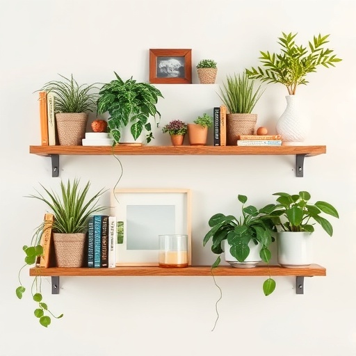 wall shelves with books and plants