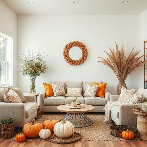 natural decor in living room with pumpkins