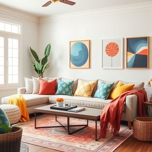 cozy living room with colorful textiles