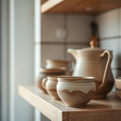 handmade pottery on a kitchen shelf