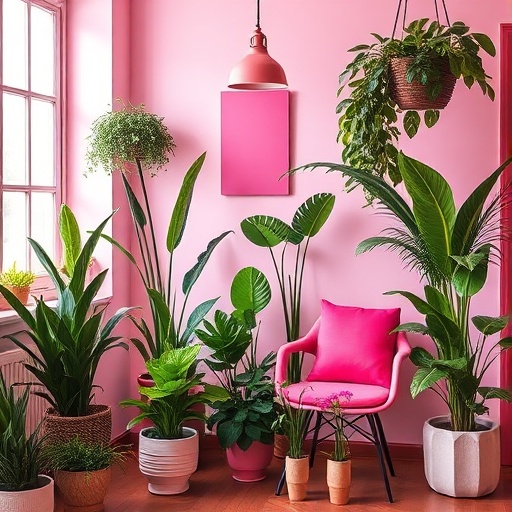 room with greenery and pink accents