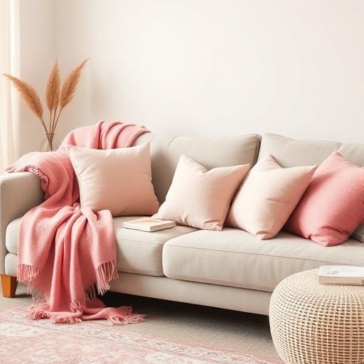 living room with pink textiles