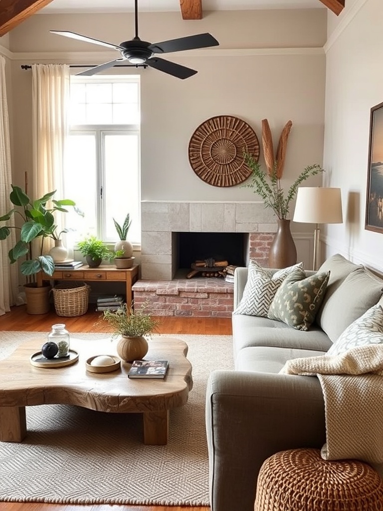 cozy living room with earthy decor