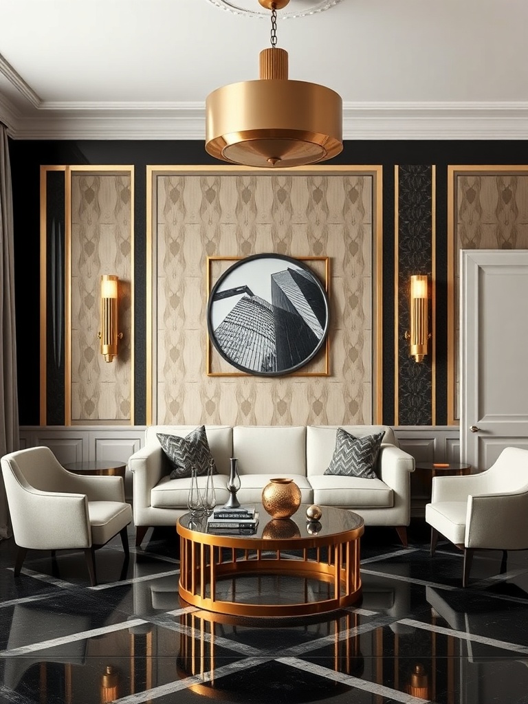 art deco room with geometric patterns and luxury decor