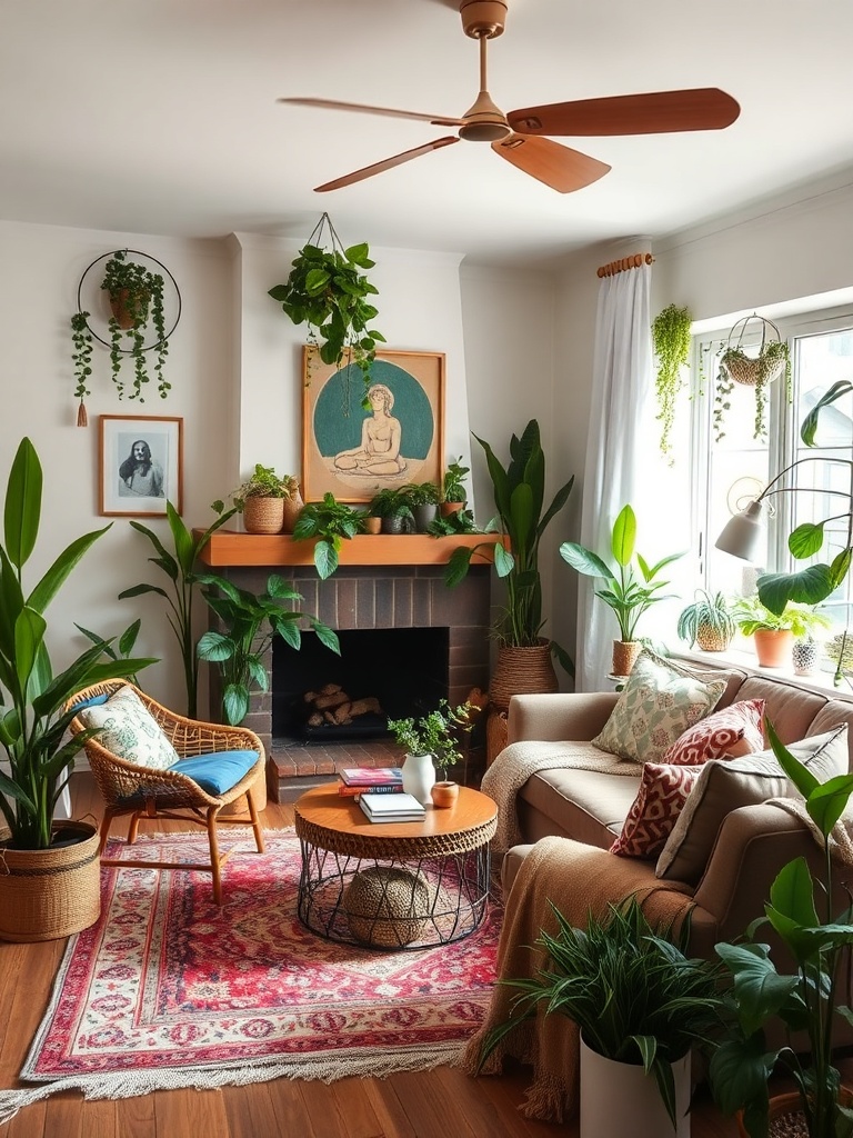 bohemian living room with plants and eclectic decor