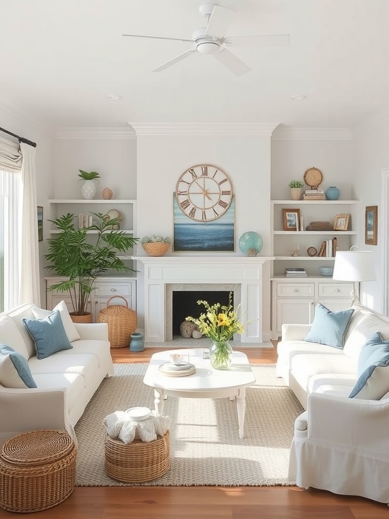 coastal living room with soft colors and nautical decor