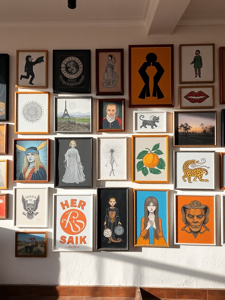 gallery wall with diverse art styles
