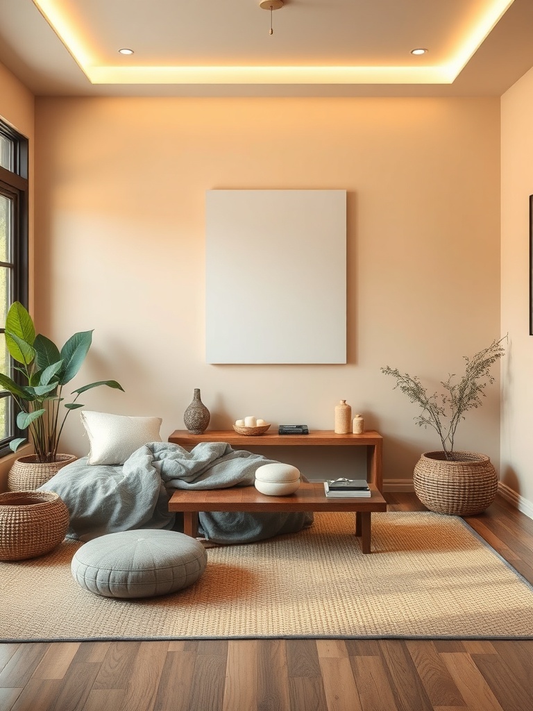zen room with calming colors and natural decor