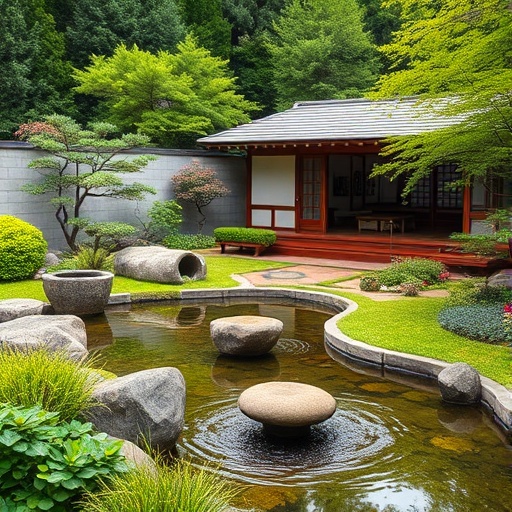 Japanese garden with water features
