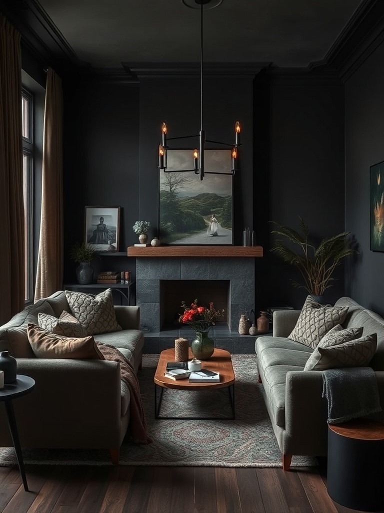 cozy living room with dark colors and soft textiles