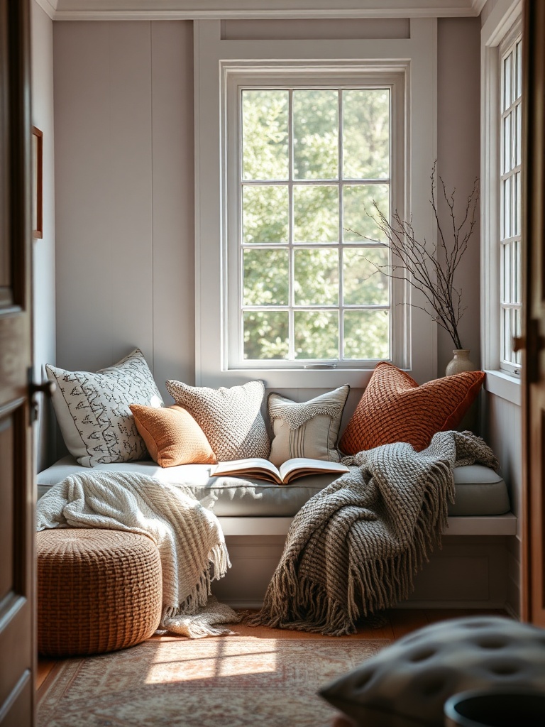 inviting reading nook with cushions and blankets