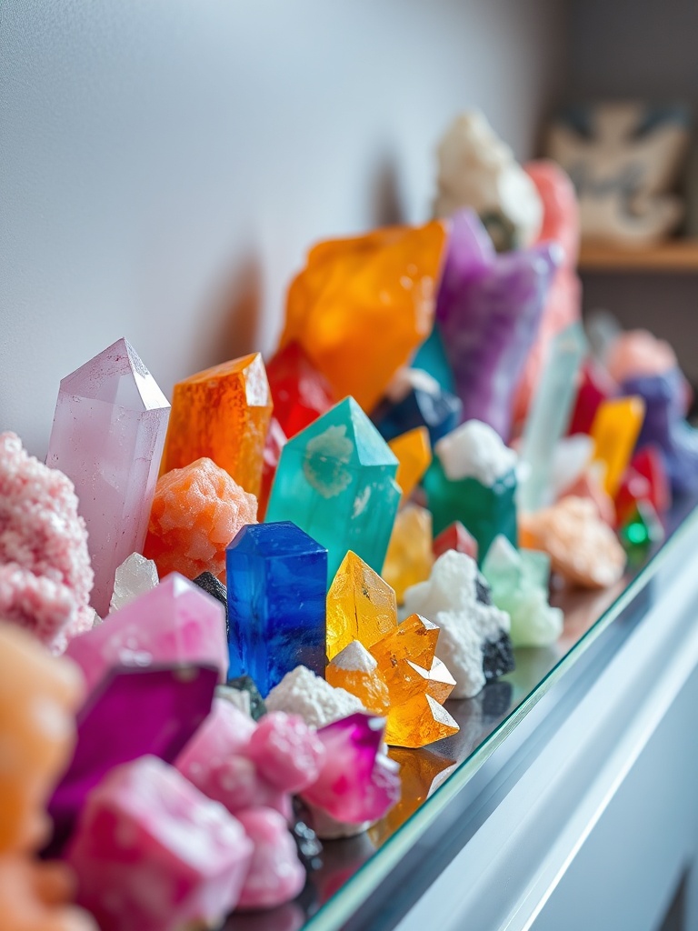colorful crystals displayed on a shelf